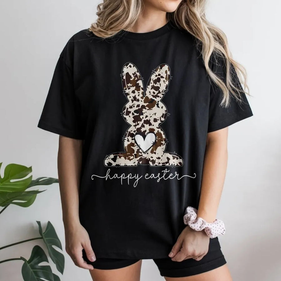 Happy Easter Bunny T-Shirt | Cow Print Rabbit Graphic Tee | 100% Cotton Premium Gift | Spring Holiday Apparel For Women And Men