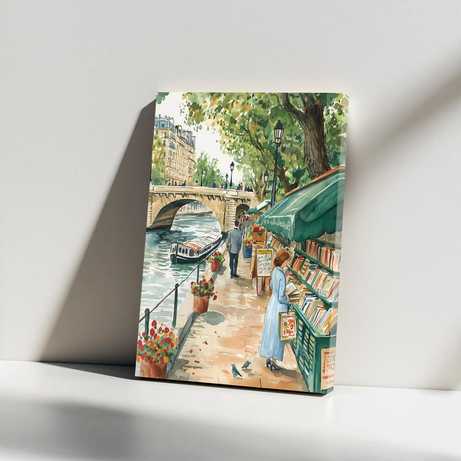 Paris Street Art Canvas | Watercolor Seine River Bookseller Print | Premium 1.25" Gallery Wrap | French Home Decor Gift