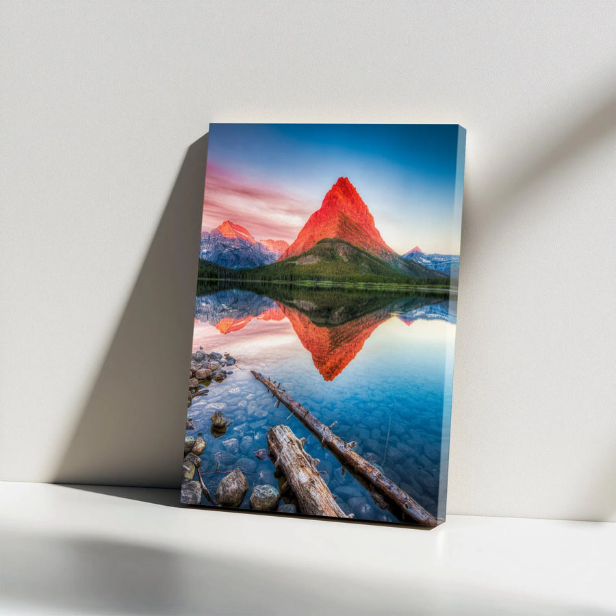 Mountain Lake Landscape Canvas | Red Peak Sunrise Reflection | Premium Gallery Wrapped Wall Art | Nature Decor For Home Or Office