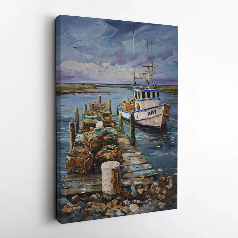 Coastal Fishing Boat Canvas Wall Art | Impasto Style Harbor Scene with Lobster Traps | 1.25" Premium Gallery Wrapped Print | Nautical Home Decor Gift