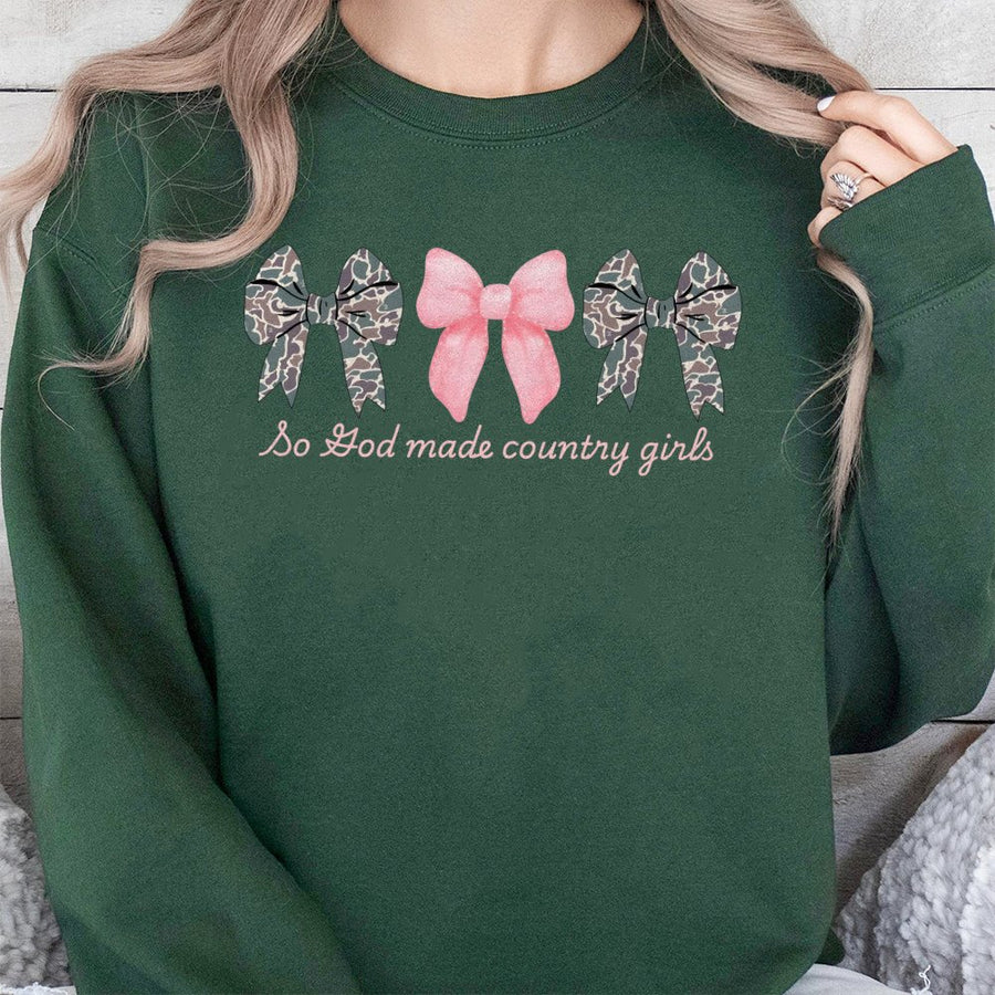 God Made Country Girls Sweatshirt | Coquette Bows Camo Graphic | Premium Cotton Blend Crewneck | Trendy Southern Western Gift for Her