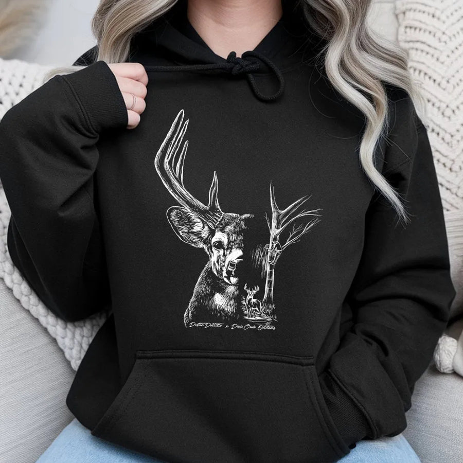 Deer Hunting Hoodie | Artistic Buck Head Sketch Graphic | Premium Cotton Blend Pullover | Outdoorsman Wildlife Gift For Hunters