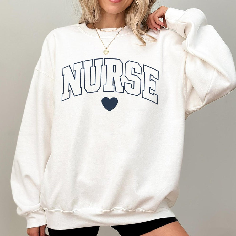 Nurse Sweatshirt | Varsity Lettering Heart Design | Premium Cotton Polyester Blend | Cute Nursing School Graduation Gift For Her