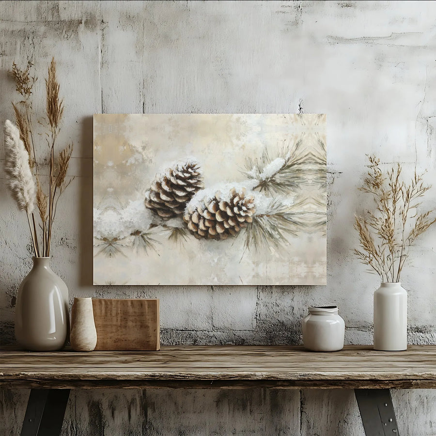 Snowy Pine Cone Canvas Print | Winter Botanical Forest Wall Art | Premium Gallery Wrapped Decor | Nature Lover Gift for Home Office