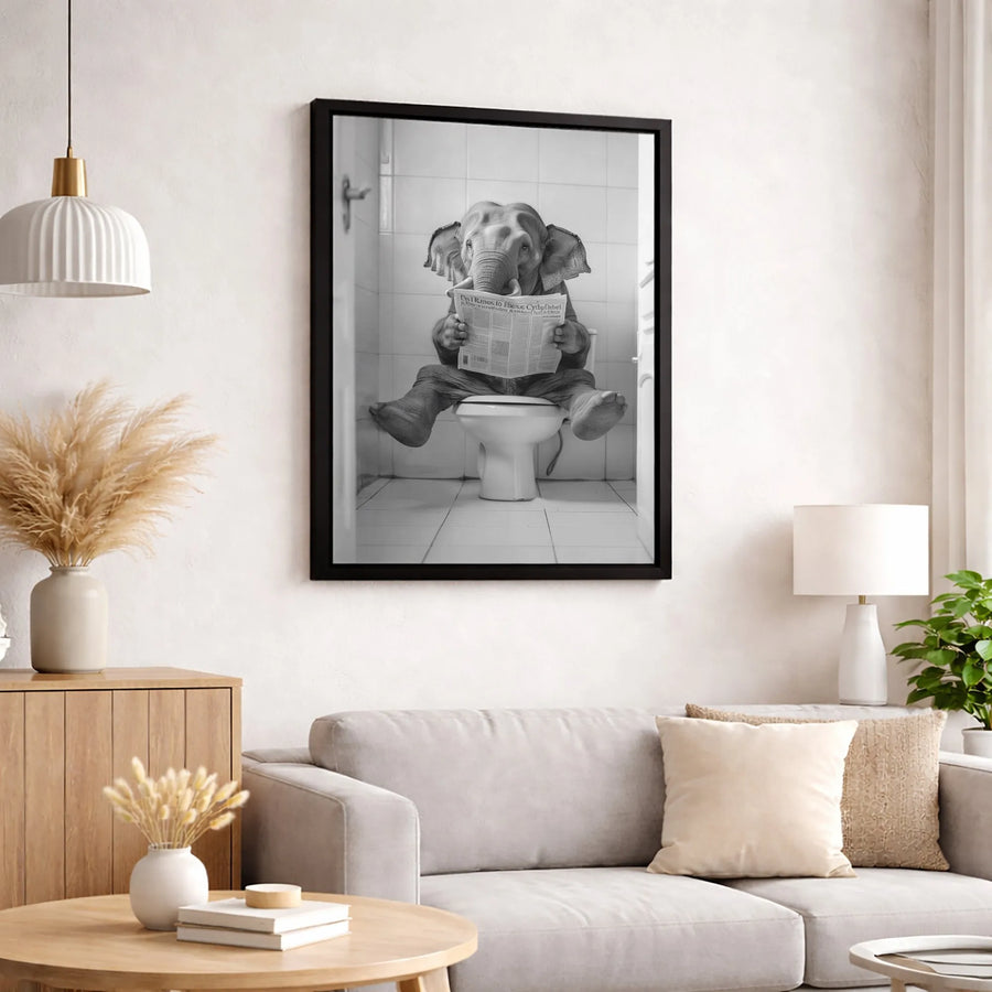 Elephant Reading Newspaper on Toilet Canvas | Funny Bathroom Wall Art Decor | Premium Fade-Resistant Print | Quirky Gift for Animal Lovers