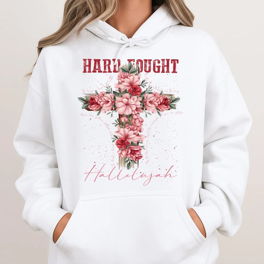 Hard Fought Hallelujah Hoodie | Floral Cross Religious Graphic | Premium Cotton Blend | Christian Faith Gift for Women