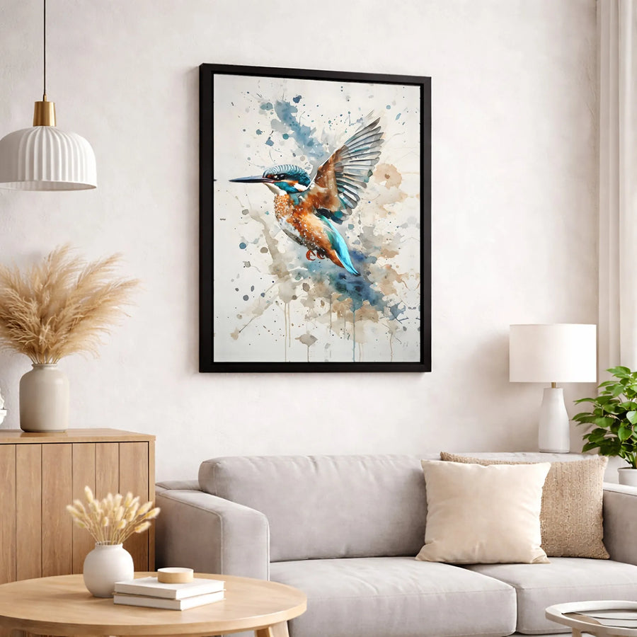 Kingfisher Bird Canvas Wall Art | Watercolor Splatter Print | 1.25-Inch Gallery Wrap | Nature Home Decor Gift for Bird Lovers