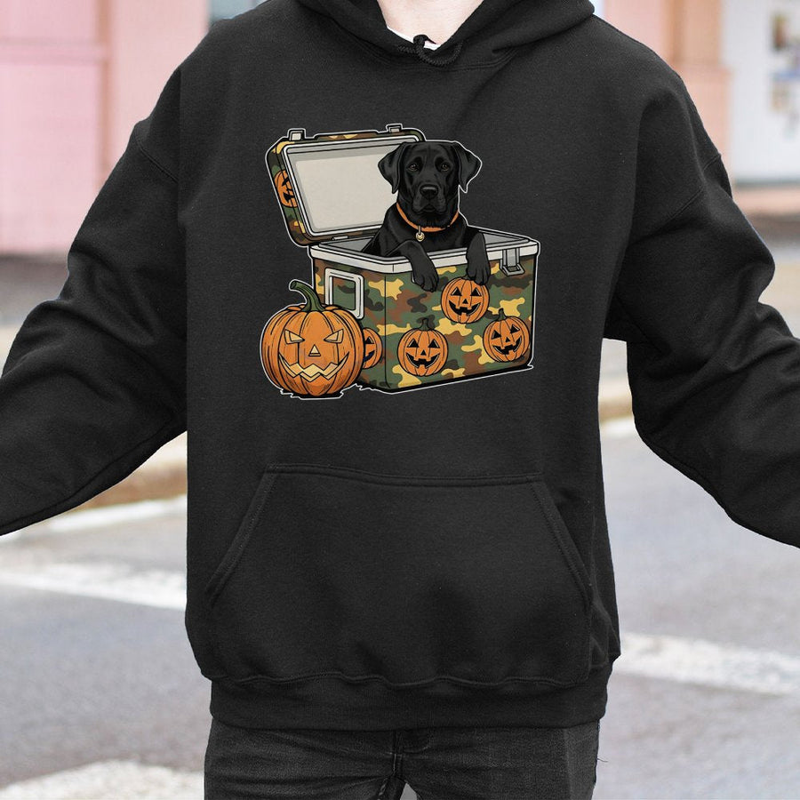 Black Lab Halloween Hoodie | Cute Labrador Dog In Camo Cooler Graphic | Cotton Blend Premium Sweatshirt | Spooky Season Gift For Dog Lovers