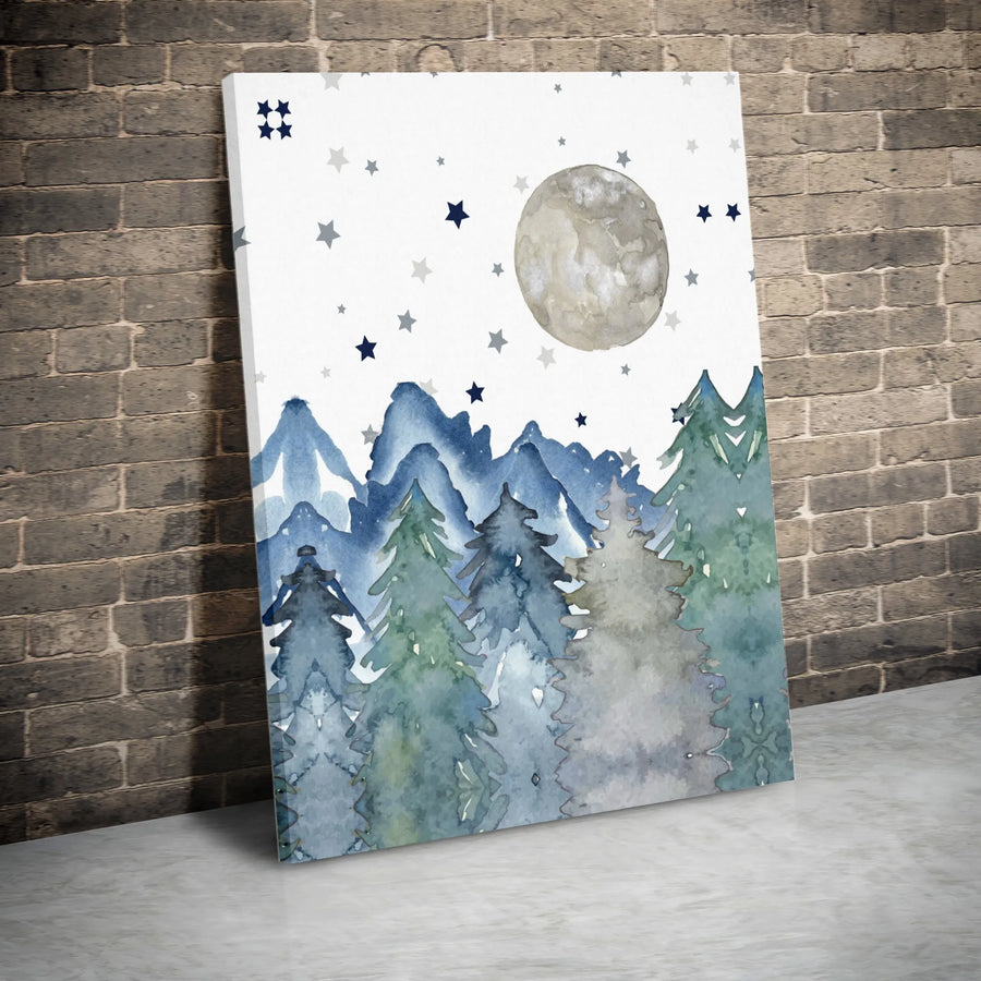 Watercolor Forest Night Sky Canvas | Moon and Stars Pine Tree Print | Premium Thick Gallery Wrap | Boho Woodland Nursery Decor Gift