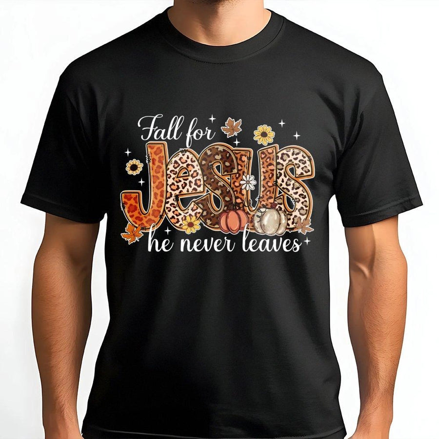 Fall For Jesus T-Shirt | Leopard Print Autumn Christian Design | 100% Cotton Premium Tee | Faith-Based Fall Apparel Gift for Women & Men