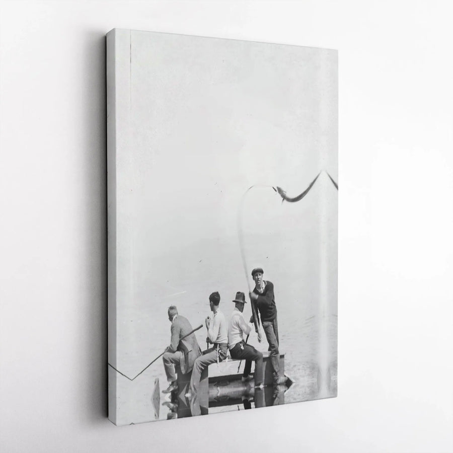 Vintage Fishing Photography Canvas | 1920s Men Fishing Wall Art | Premium Gallery Wrap Decor | Fisherman Gift for Office or Den