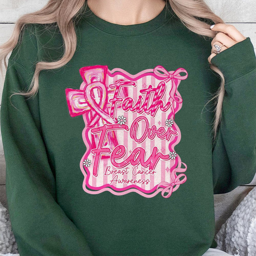 Faith Over Fear Sweatshirt | Preppy Breast Cancer Awareness Ribbon Cross | Soft Cotton Blend Graphic Pullover | Gift for Survivor Warrior