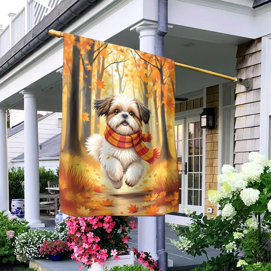 Autumn Shih Tzu Garden Flag | Golden Forest Falling Leaves Design | Durable Weather-Resistant Polyester | Seasonal Outdoor Home Decor Gift