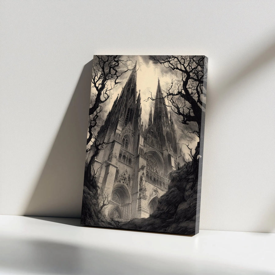 Gothic Cathedral Vertical Canvas | Vintage Engraving Style Art | Premium Unframed Wall Art | Dark Academia Home Decor Gift