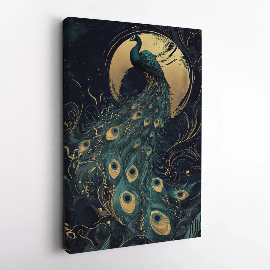 Elegant Peacock Vertical Canvas | Abstract Gold & Teal Feather Art | Premium Gallery Wrapped Print | Modern Living Room Wall Decor Gift
