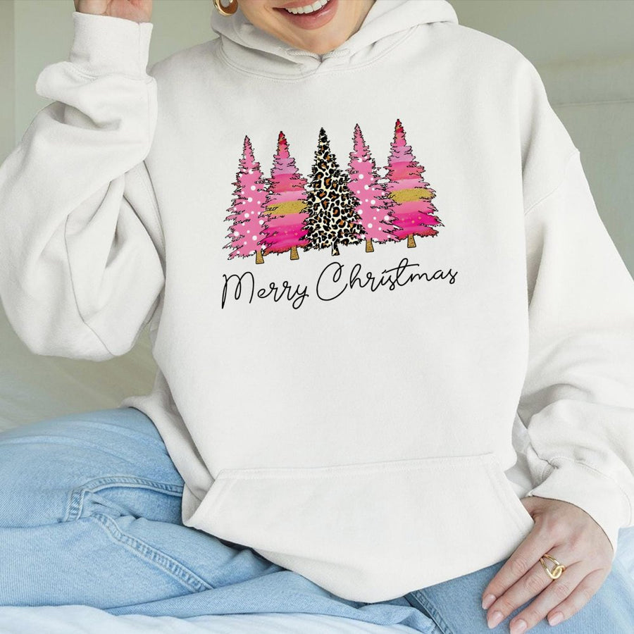 Merry Christmas Hoodie | Pink Leopard Print Tree Design | Premium Cotton-Poly Blend | Cozy Holiday Gift for Women