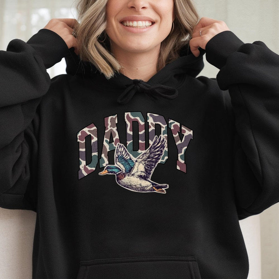 Duck Hunting Hoodie | Camo Daddy Lettering Mallard Design | Premium Cotton Blend | Gift For Hunter Dad And Outdoorsman