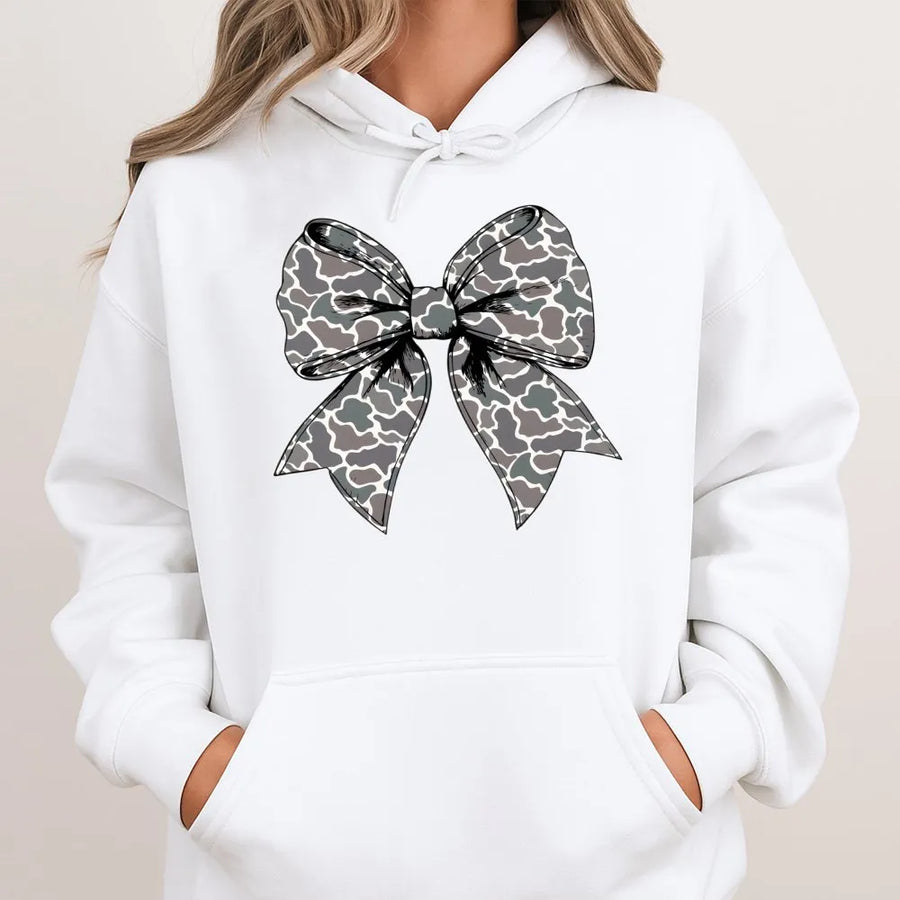 Camo Bow Hoodie | Trendy Coquette Aesthetic Graphic | Premium Cotton Blend Pullover | Cute Country Girl Gift for Her