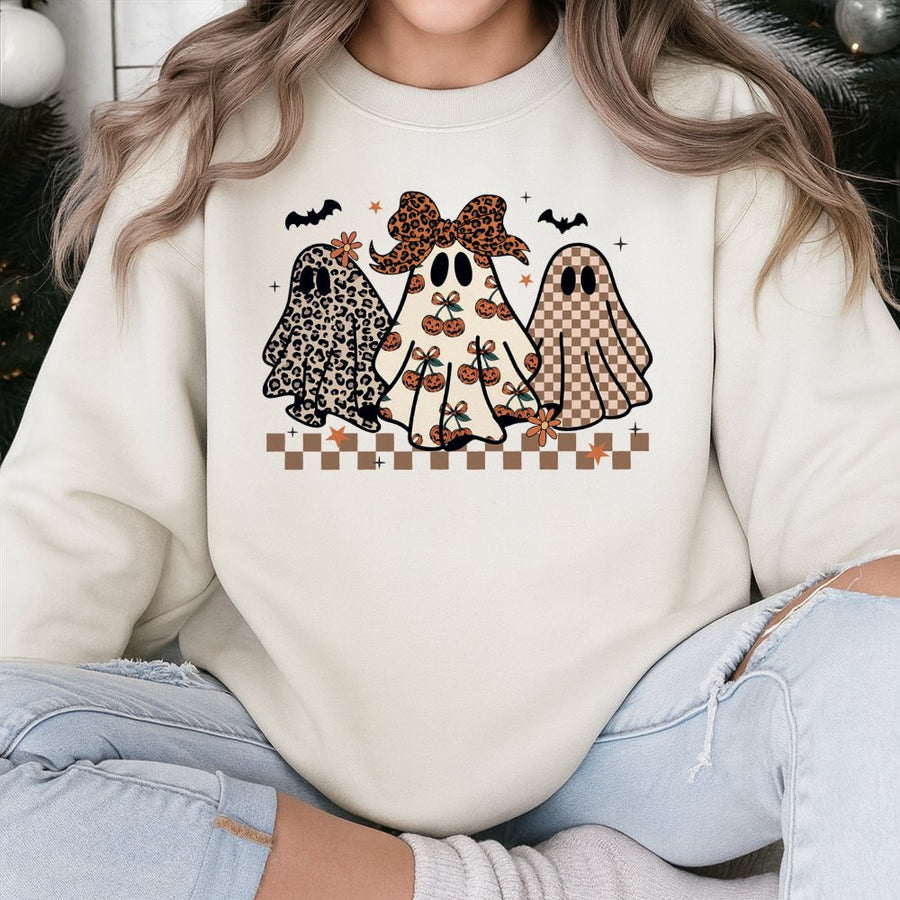 Preppy Halloween Ghost Sweatshirt | Leopard Print Coquette Pumpkin Design | Cotton Blend Fall Apparel | Spooky Season Gift for Her