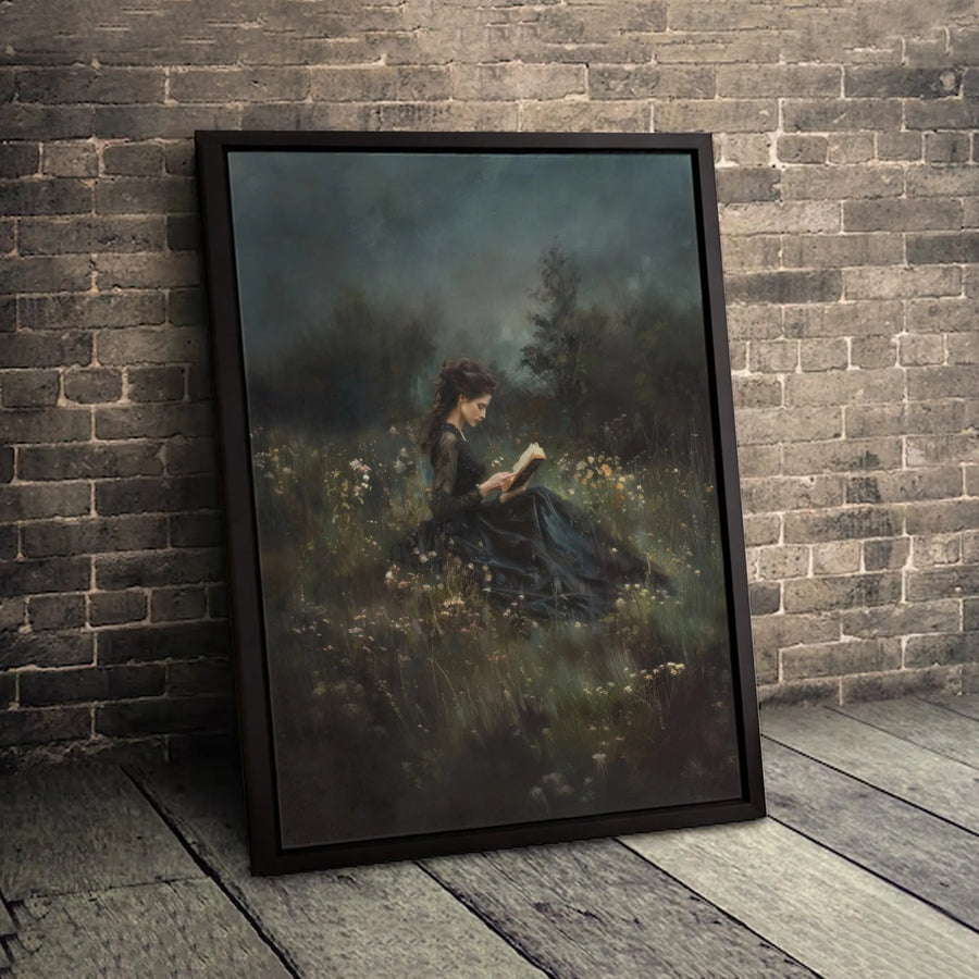 Dark Academia Canvas Wall Art | Moody Gothic Woman Reading in Meadow | Premium Gallery Wrapped Print | Atmospheric Home Decor Gift