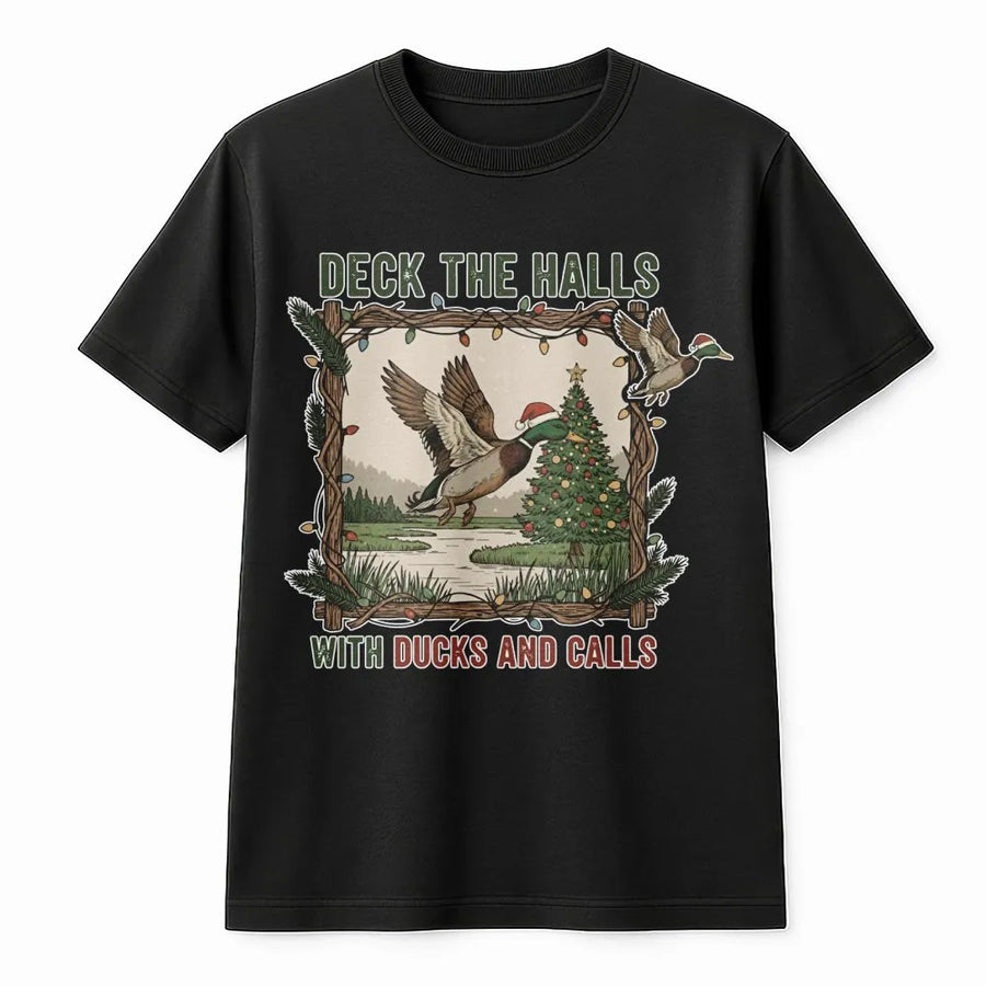 Duck Hunting Christmas T-Shirt | Deck The Halls With Ducks And Calls Graphic | Premium Cotton Unisex Tee | Funny Hunter Holiday Gift For Him