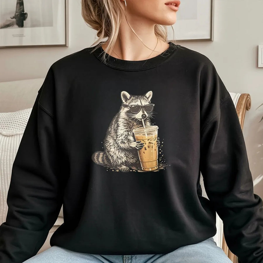 Raccoon Iced Coffee Sweatshirt | Cool Raccoon with Sunglasses | Premium Soft Cotton Blend | Funny Animal Graphic Gift for Coffee Lover