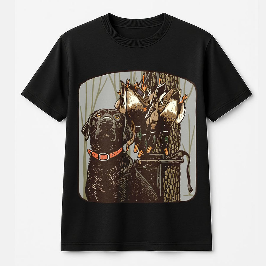 Black Lab Duck Hunting T-Shirt | Waterfowl Retriever Graphic Tee | Premium 100% Cotton Apparel | Gift For Hunters And Outdoor Enthusiasts