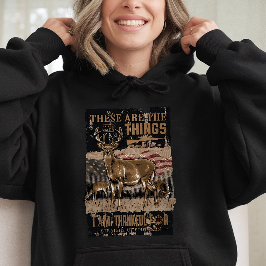 Deer Hunting Hoodie | Patriotic American Flag Graphic | Premium Cotton Blend | Gift for Outdoorsmen and Hunters