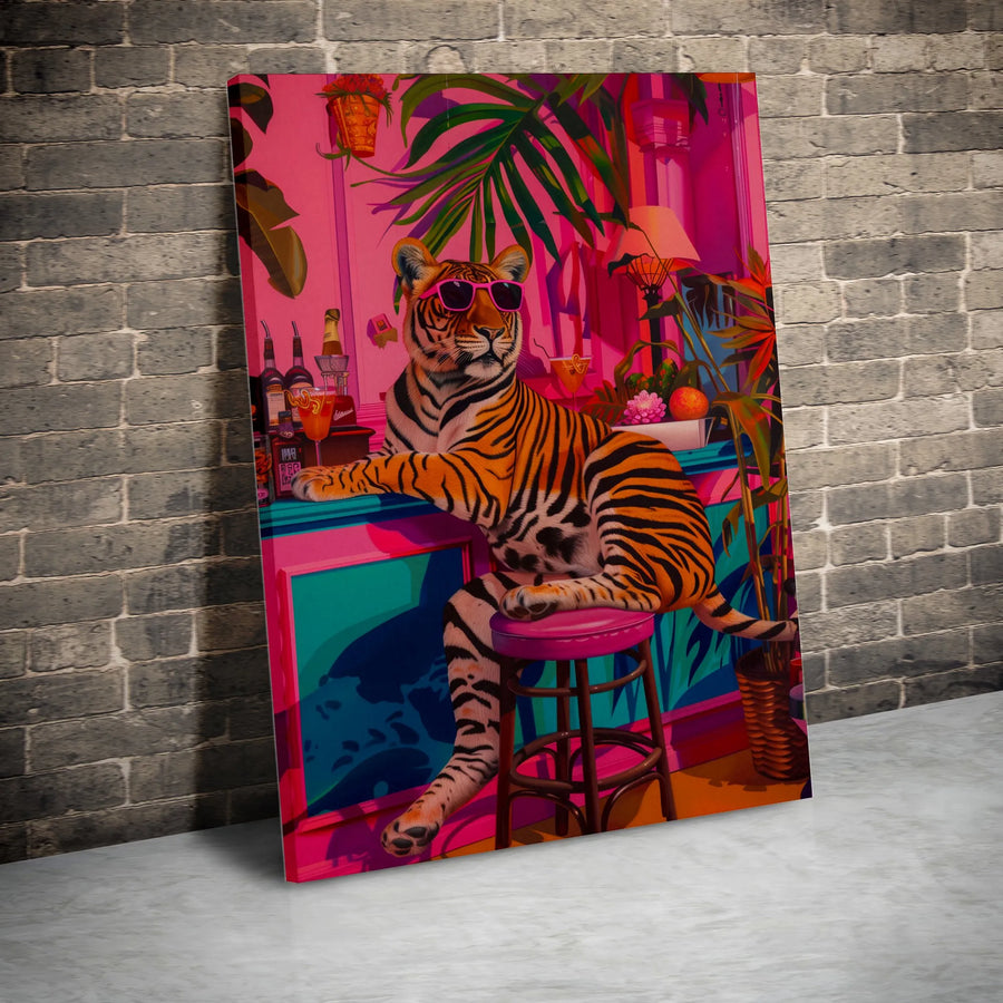Tropical Tiger Wall Art | Funky Animal With Sunglasses Bar Decor | Premium Fade-Resistant Canvas | Bold Pop Art Gift For Home Office