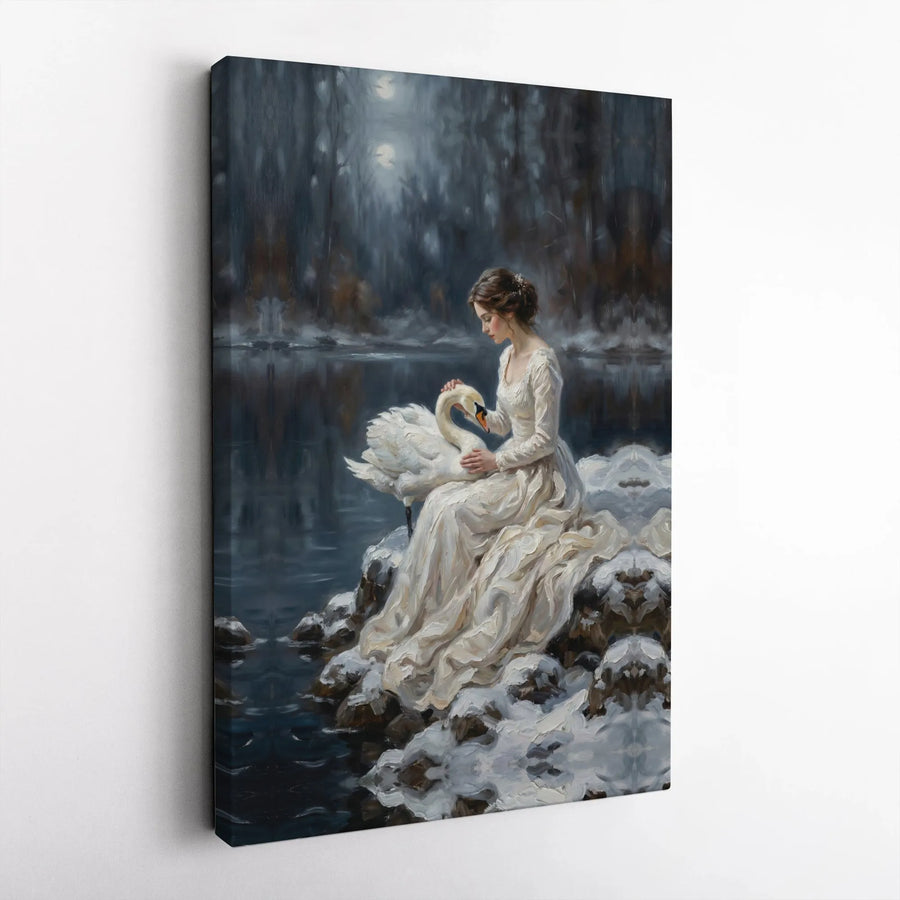 Woman With Swan Canvas Art | Snowy Winter Forest Landscape | Premium Fade-Resistant Print | Ethereal Nature Home Decor Gift