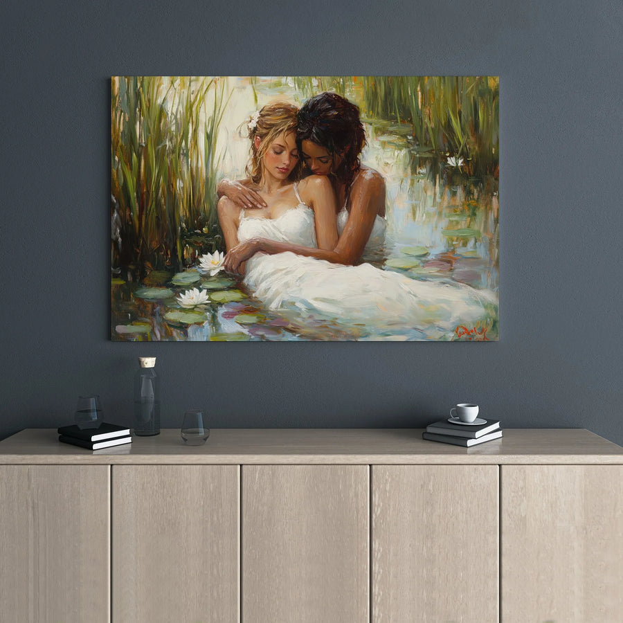 Lesbian Couple Canvas Print | Romantic Lily Pond Oil Painting | Premium 1.25-Inch Gallery Wrap | LGBTQ Pride Art Gift for Home Decor