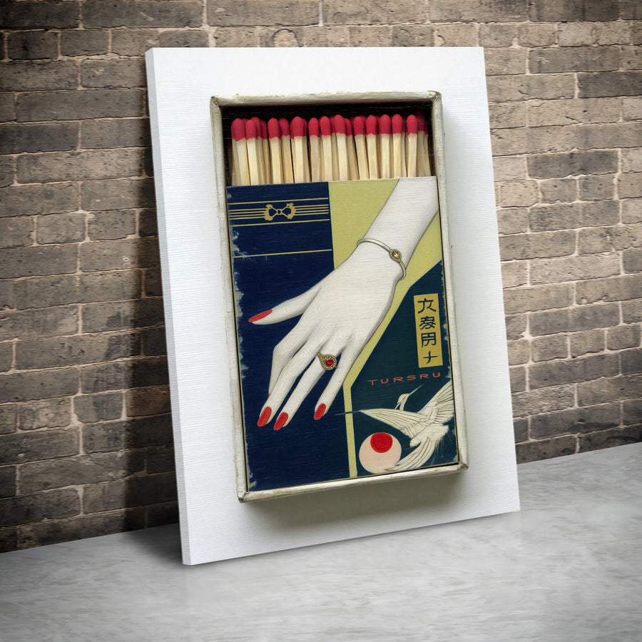 Vintage Japanese Matchbox Art Canvas | Retro Crane and Hand Illustration | 1.25-Inch Gallery Wrap Print | Unique Eclectic Home Decor Gift