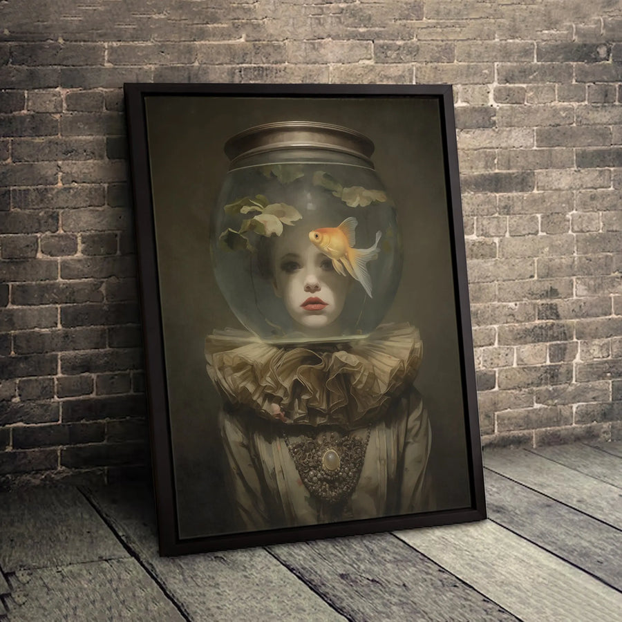 Surreal Portrait Canvas Art | Goldfish Bowl Head Victorian Lady | Premium Gallery Wrapped Wall Decor | Whimsical Moody Home Office Gift