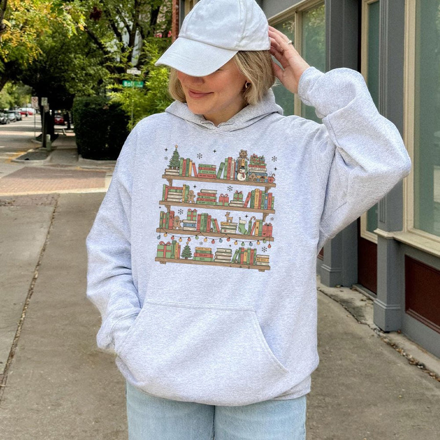 Christmas Book Shelf Hoodie | Festive Reading Librarian Graphic | Premium Cotton Blend Pullover | Cozy Book Lover Gift for Women