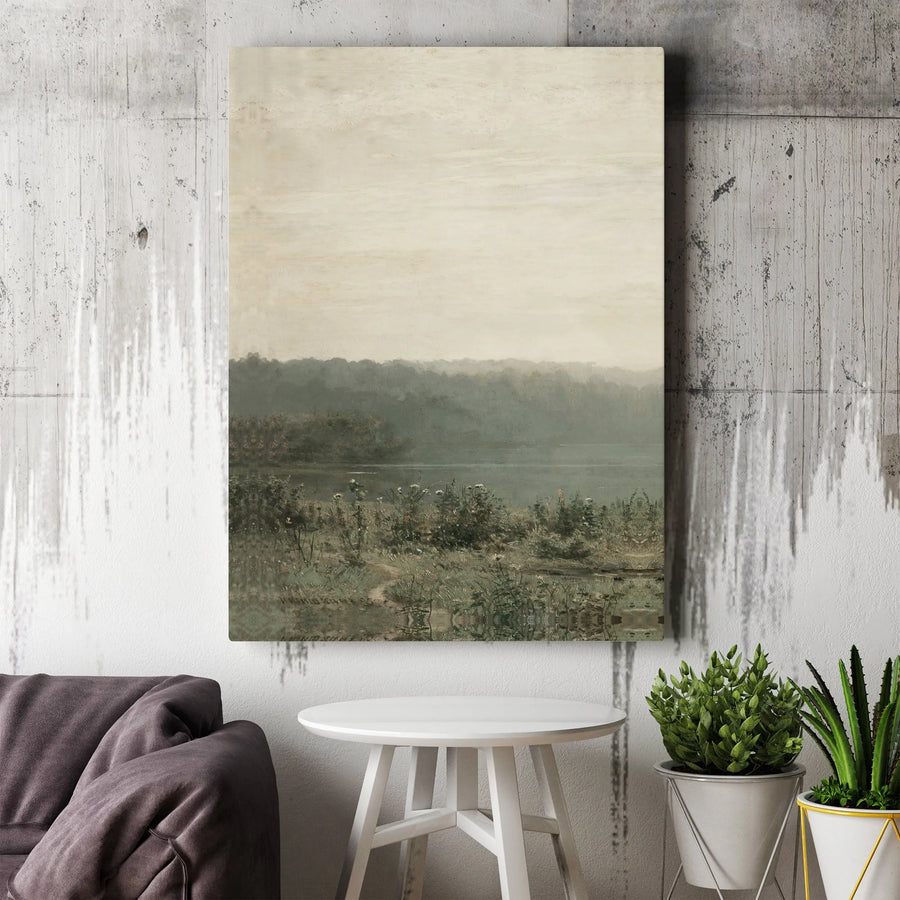 Vintage Landscape Canvas Wall Art | Moody Tonalist River Scene | Premium Gallery Wrapped Print | Dark Academia Decor Gift