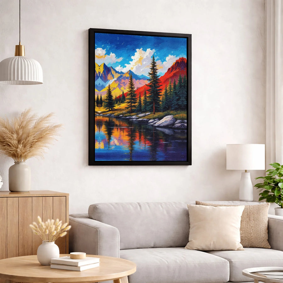 Vibrant Mountain Landscape Canvas | Impressionist Lake Reflection Wall Art | Premium Fade-Resistant Print | Nature Lover Home Decor Gift