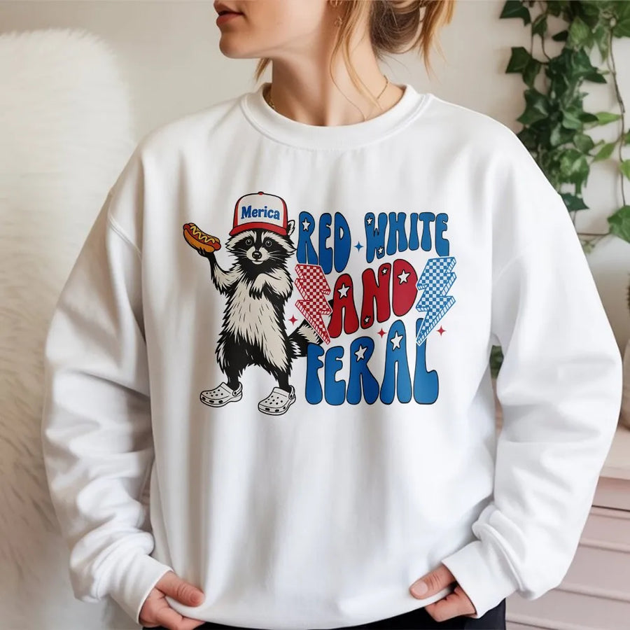 Red White and Feral Sweatshirt | Funny Patriotic Raccoon Graphic | Premium Cotton Blend | 4th of July Independence Day Gift