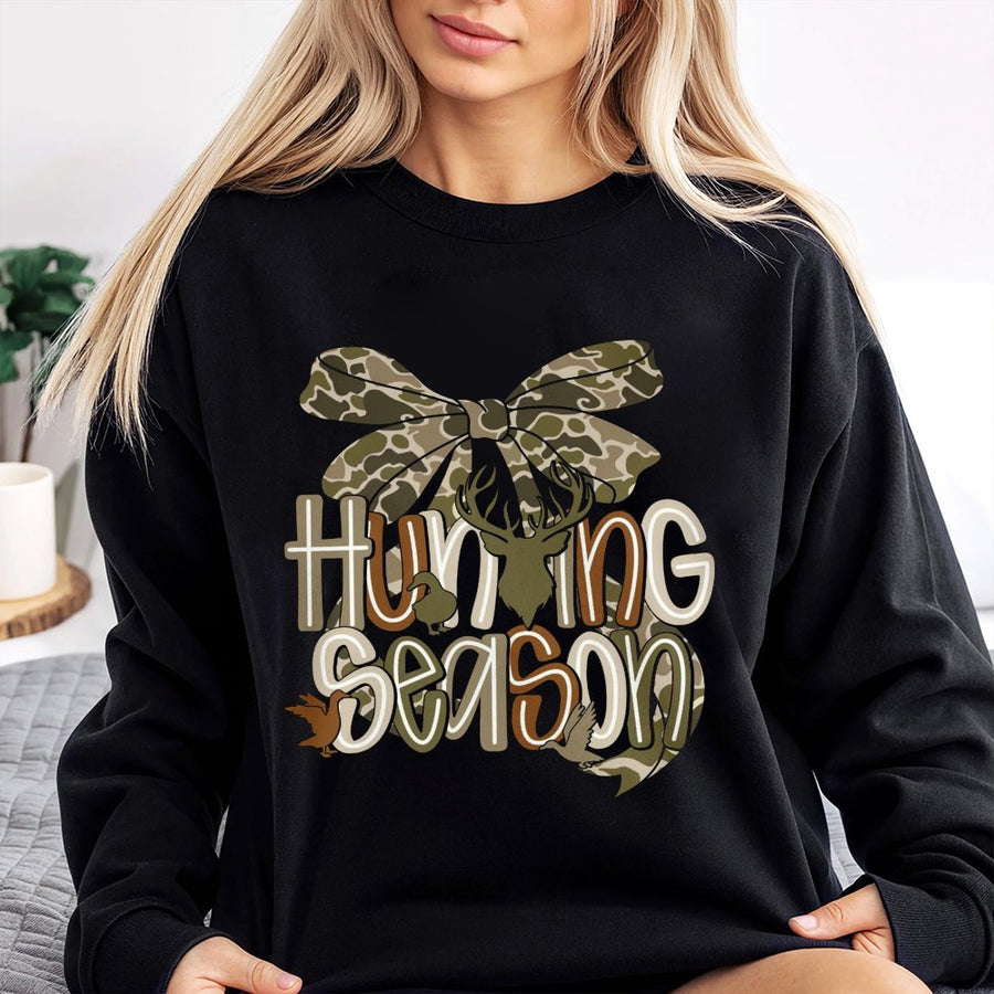 Hunting Season Sweatshirt | Camo Bow Deer Antler Graphic | Premium Cotton Blend Unisex Crewneck | Gift for Hunters and Outdoorsmen