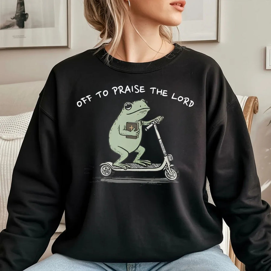Christian Sweatshirt | Funny Frog Off To Praise The Lord Graphic | Premium Cotton Blend | Religious Gift For Bible Study Believers