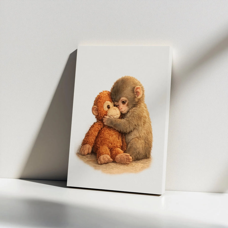 Cute Baby Monkey Canvas Wall Art | Adorable Illustration of Monkey Hugging Stuffed Animal | Premium Gallery Wrapped Canvas | Gift for Kids & Nursery Decor