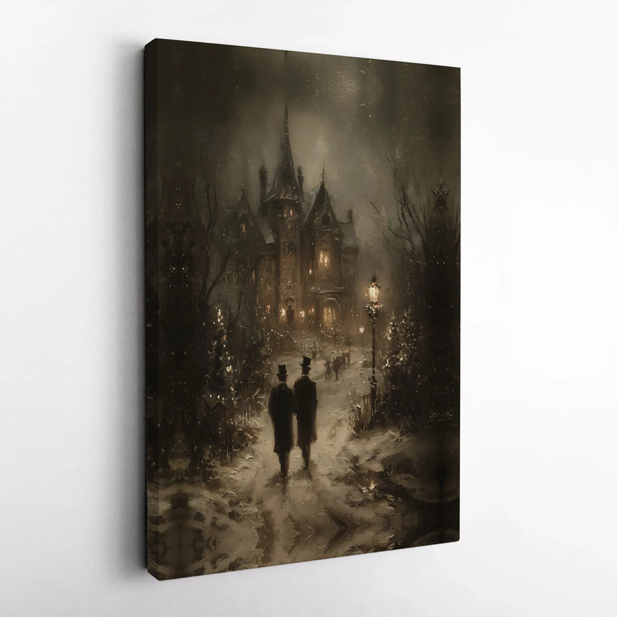 Victorian Christmas Canvas Art | Snow-Covered Estate Winter Scene | Premium Gallery Wrap | Festive Holiday Wall Decor for Home