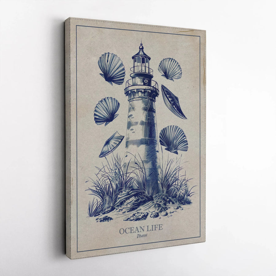 Lighthouse Canvas Wall Art | Nautical Seashell Sketch Print | Premium Gallery Wrap Decor | Coastal Home Office Living Room Gift