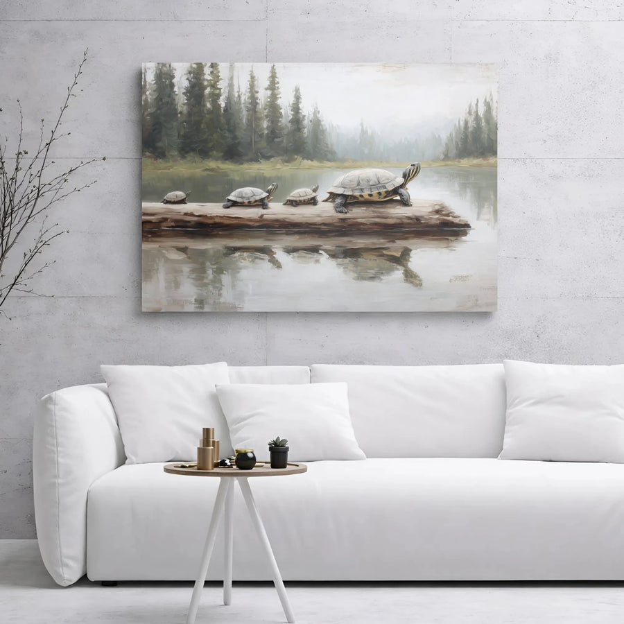 Turtle Family Canvas Wall Art | Red-Eared Slider Lake Painting | Premium Gallery Wrap Decor | Wildlife Nature Gift For Turtle Lovers