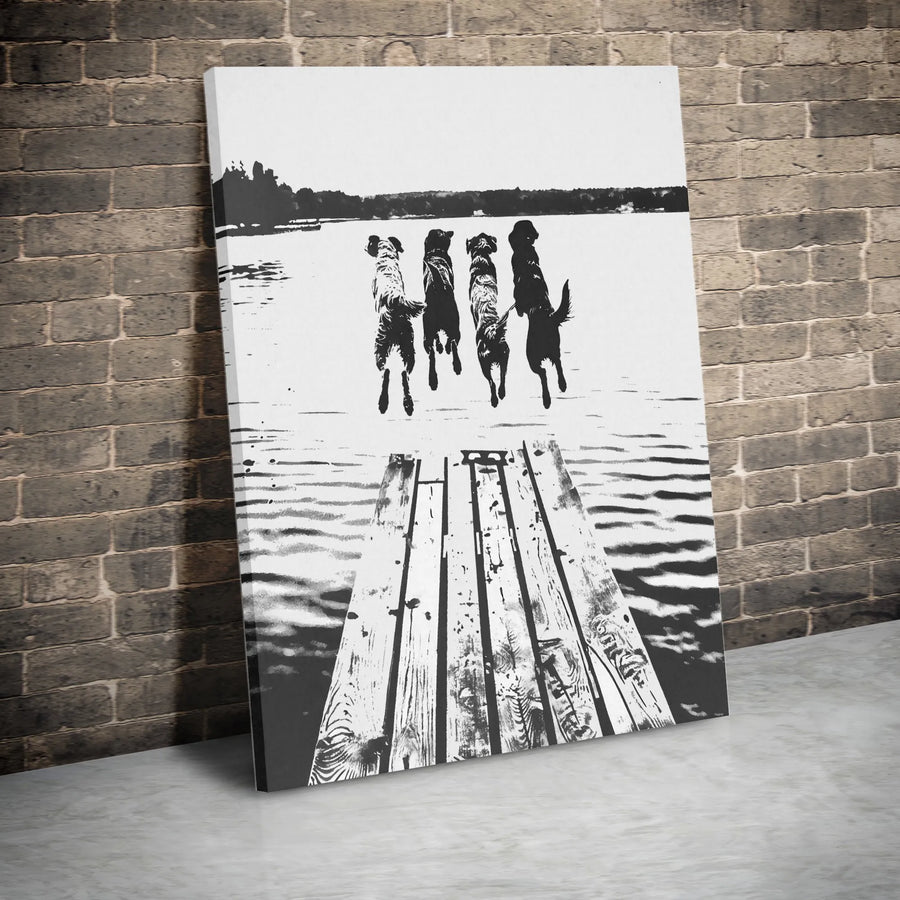 Four Dogs Jumping Off Dock Wall Art | Black and White Nature Photography Print | Premium Gallery Wrapped Canvas | Best Gift for Dog Lovers