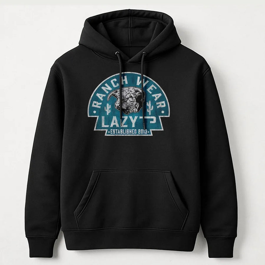 Lazy J Ranch Wear Hoodie | Vintage Hereford Bull & Cactus Graphic | 100% Cotton | Western Cowboy Farmer Gift