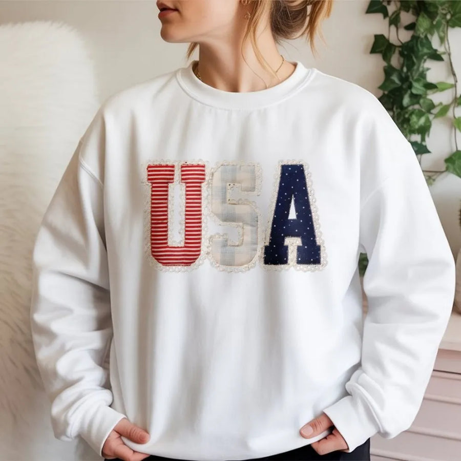 Preppy USA Sweatshirt | Coquette Faux Patchwork Graphic | Soft Cotton Blend | Patriotic Independence Day Gift for Her