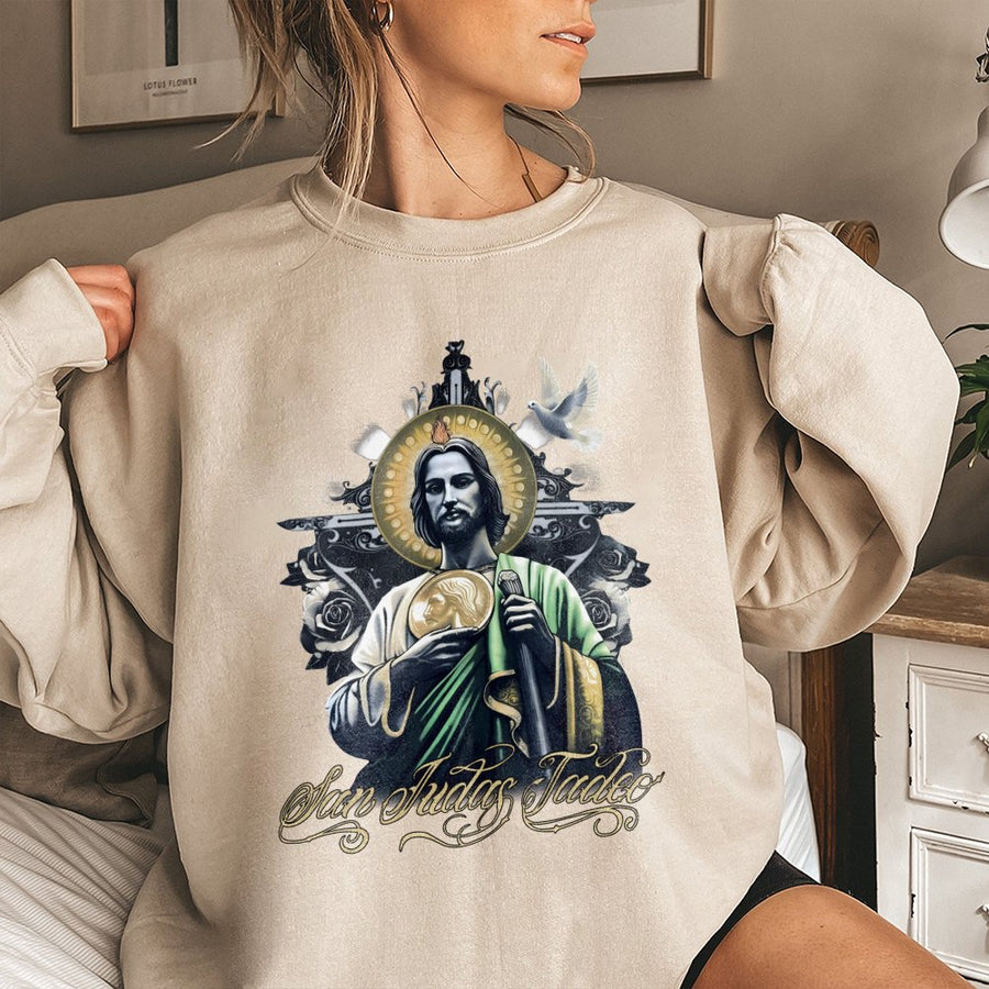 San Judas Tadeo Sweatshirt | Saint Jude Religious Graphic Art | Premium Cotton Blend Crewneck | Devotional Catholic Gift for Men and Women