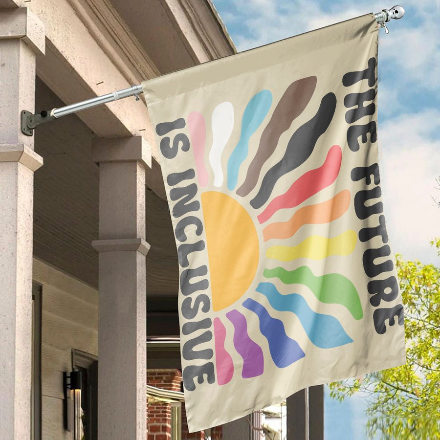 The Future Is Inclusive House Flag | Retro Sunburst Pride Garden Banner | Premium Weather-Resistant Polyester | Equality Home Decor Gift