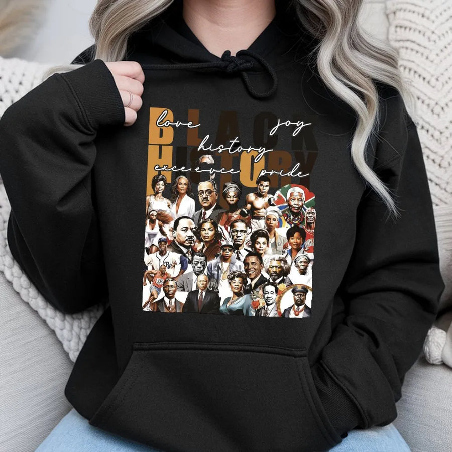 Black History Month Hoodie | Iconic Figures Collage Graphic Print | Premium Cotton-Blend Pullover | Unisex African American Heritage Gift