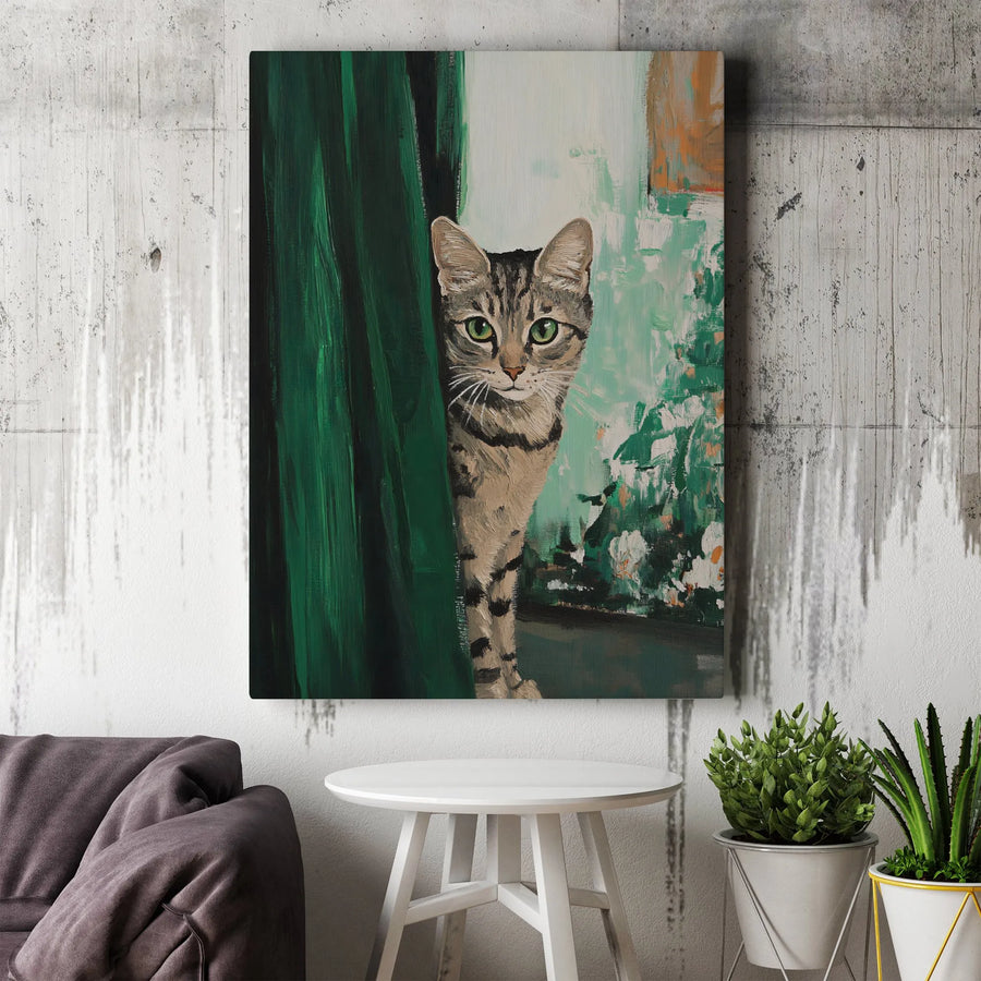 Tabby Cat Wall Art | Peeking Kitten Behind Green Curtain | Gallery Wrapped Premium Canvas | Whimsical Animal Home Decor Gift
